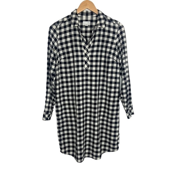 J Jill Womens Gingham Buffalo Check plaid Shirt Dress Sz XS Black White Pockets - Picture 1 of 8